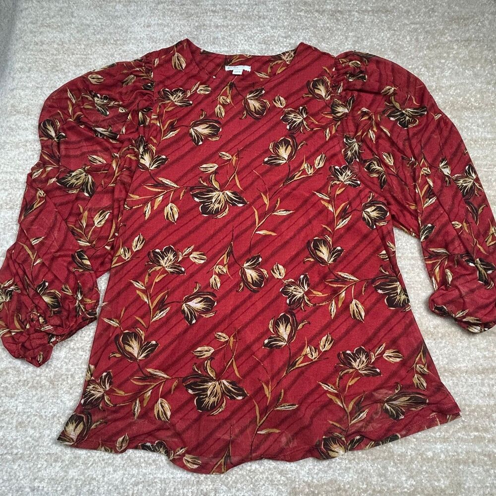 Womens Plus 14/16W Red Floral Long Sleeve Puff Sleeve Tunic Crewneck Stretch Top
